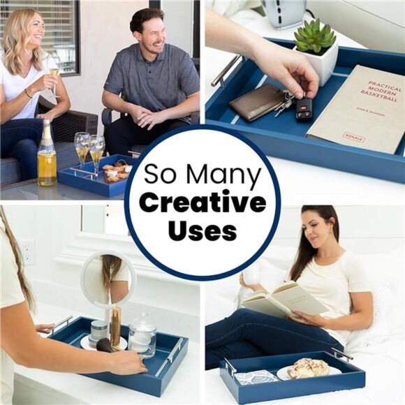 Blue Serving Tray Coffee Table Decorative Tray with Handles for Home Kitchen - Picture 6 of 7